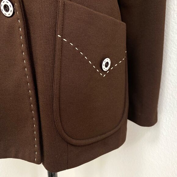 Vintage Chocolate Brown Double Polyester Jacket Blazer Med Unlined Wide Lapel - Picture 6 of 13